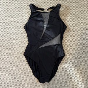 Black one-piece bathing suit.